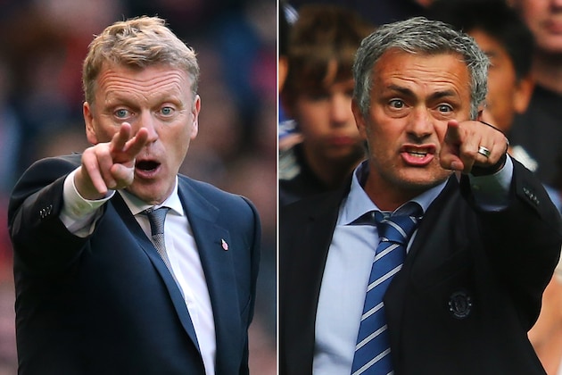 FILE PHOTO - EDITORS NOTE: COMPOSITE OF TWO IMAGES - Image Numbers 185933325 (L) and 176736916) In this composite image a comparison has been made between David Moyes, Manager of Manchester United (L) and Jose Mourinho, Manager of Chelsea. Chelsea and Manchester United meet at Stamford Bridge, London on January 19, 2014. ***LEFT IMAGE*** MANCHESTER, ENGLAND - OCTOBER 26: David Moyes the manager of Manchester United reacts during the Barclays Premier League match between Manchester United and Stoke City at Old Trafford on October 26, 2013 in Manchester, England. (Photo by Alex Livesey/Getty Images) ***RIGHT IMAGE***  LONDON, ENGLAND - AUGUST 18: Chelsea manager Jose Mourinho gives instructions during the Barclays Premier League match between Chelsea and Hull City at Stamford Bridge on August 18, 2013 in London, England. (Photo by Clive Mason/Getty Images)