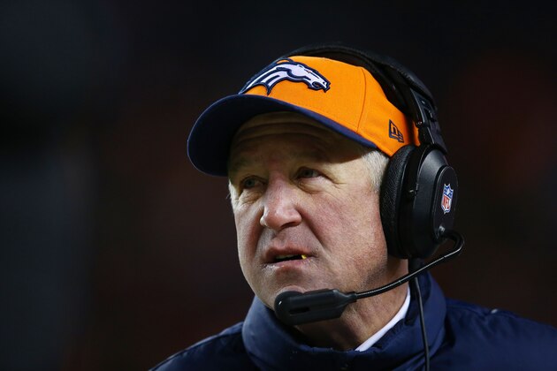 DENVER, CO - JANUARY 12:  Head coach John Fox of the Denver Broncos reacts during the AFC Divisional Playoff Game against the San Diego Chargers at Sports Authority Field at Mile High on January 12, 2014 in Denver, Colorado.  (Photo by Doug Pensinger/Getty Images)