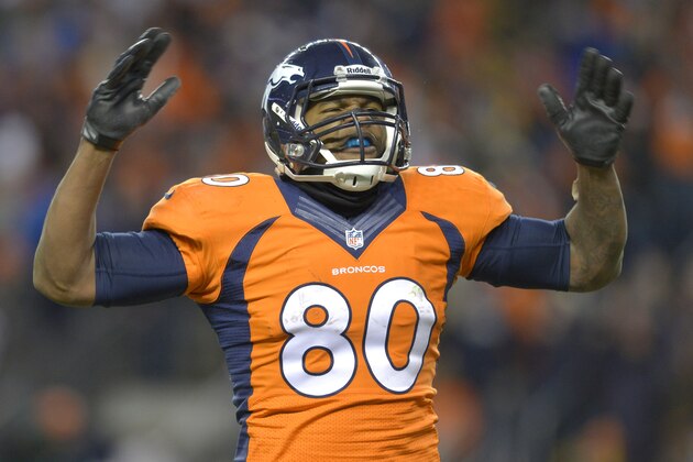 Denver Broncos tight end Julius Thomas (80) reacts against the San Diego Chargers in the fourth quarter of an NFL AFC division playoff football game, Sunday, Jan. 12, 2014, in Denver. (AP Photo/Jack Dempsey) Denver Broncos tight end Julius Thomas (80) reacts against the San Diego Chargers in the fourth quarter of an NFL AFC division playoff football game, Sunday, Jan. 12, 2014, in Denver. (AP Photo/Jack Dempsey)