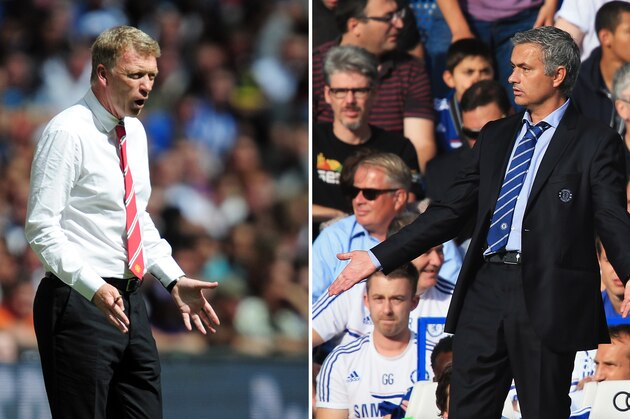(FILE PHOTO - EDITORS NOTE:  COMPOSITE OF TWO IMAGES - Image Numbers 175984906 (L) and 176743320)  In this composite image a comparison has been made between David Moyes, Manager of Manchester United (L) and Jose Mourinho, Manager of Chelsea.  Premiership title favorites Manchester United and Chelsea meet at Old Trafford, Manchester on August 26, 2013.   *** LEFT IMAGE*** LONDON, ENGLAND - AUGUST 11: Manchester United manager David Moyes issues instructions during of the FA Community Shield match between Manchester United and Wigan Athletic at Wembley Stadium on August 11, 2013 in London, England. (Photo by Jamie McDonald/Getty Images)   ***RIGHT IMAGE***  LONDON, ENGLAND - AUGUST 18: Chelsea manager Jose Mourinho gestures during the Barclays Premier League match between Chelsea and Hull City at Stamford Bridge on August 18, 2013 in London, England. (Photo by Richard Heathcote/Getty Images)
