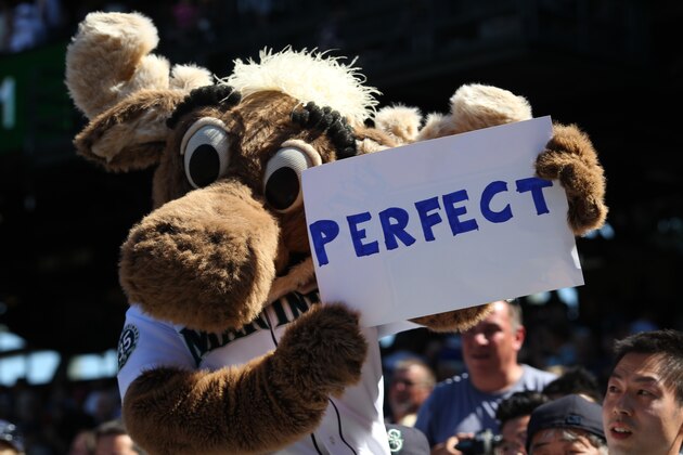 SEATTLE, WA - AUGUST 15:  The Seattle Mariners moose mascot holds a sign after starting pitcher Felix Hernandez threw a perfect game against the Tampa Bay Rays at Safeco Field on August 15, 2012 in Seattle, Washington.  (Photo by Otto Greule Jr/Getty Images)