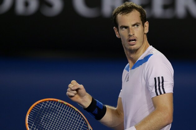 Andy Murray of Britain reacts after winning his second round match against Vincent Millot of France at the Australian Open tennis championship in Melbourne, Australia, Thursday, Jan. 16, 2014.(AP Photo/Aaron Favila)