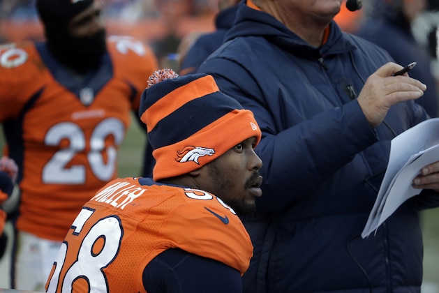 Denver Broncos outside linebacker Von Miller looks on against the Tennessee Titans during the first half of an NFL football game on Sunday, Dec. 8, 2013, in Denver. (AP Photo/Jack Dempsey)