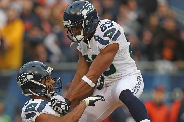 CHICAGO, IL - DECEMBER 02: Doug Baldwin #89 of the Seattle Seahawks celebrates with Golden Tate #81 after Tate caught the go-ahead touchdown pass in the 4th quarter against the Chicago Bears at Soldier Field on December 2, 2012 in Chicago, Illinois. The Seahawks defeated the Bears 23-17 in overtime. (Photo by Jonathan Daniel/Getty Images)