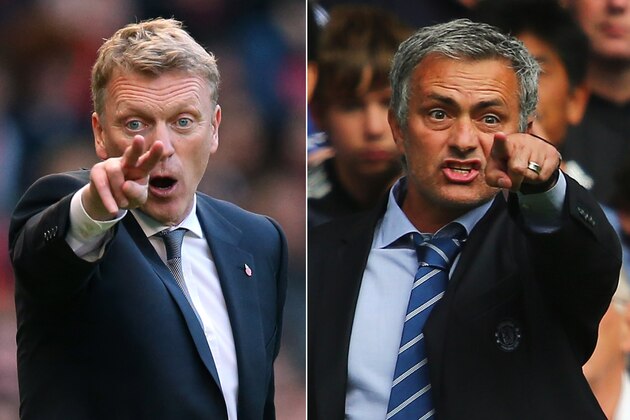 FILE PHOTO - EDITORS NOTE: COMPOSITE OF TWO IMAGES - Image Numbers 185933325 (L) and 176736916) In this composite image a comparison has been made between David Moyes, Manager of Manchester United (L) and Jose Mourinho, Manager of Chelsea. Chelsea and Manchester United meet at Stamford Bridge, London on January 19, 2014. ***LEFT IMAGE*** MANCHESTER, ENGLAND - OCTOBER 26: David Moyes the manager of Manchester United reacts during the Barclays Premier League match between Manchester United and Stoke City at Old Trafford on October 26, 2013 in Manchester, England. (Photo by Alex Livesey/Getty Images) ***RIGHT IMAGE***  LONDON, ENGLAND - AUGUST 18: Chelsea manager Jose Mourinho gives instructions during the Barclays Premier League match between Chelsea and Hull City at Stamford Bridge on August 18, 2013 in London, England. (Photo by Clive Mason/Getty Images)