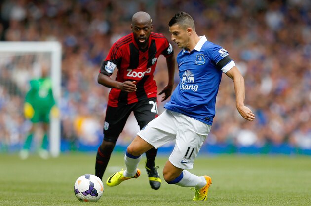LIVERPOOL, ENGLAND - AUGUST 24: Kevin Mirallas (R) of Everton in action with Youssuf Mulumbu of West Bromwich during the Barclays Premier League match between Everton and West Bromwich Albion at Goodison Park on August 24, 2013 in Liverpool, England (Photo by Paul Thomas/Getty Images)