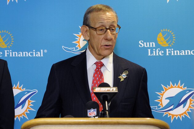 Miami Dolphins owner Stephen Ross, right, and CEO Tom Garfinkel address the media before an NFL football game against the Tampa Bay Buccaneers Monday, Nov. 11, 2013, in Tampa, Fla. (AP Photo/Brian Blanco)