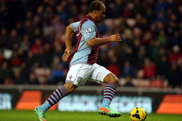 Aston Villa's Gabby Agbonlahor goes on to score his goal during their English Premier League soccer match against Sunderland at the Stadium of Light, Sunderland, England, Wednesday, Jan. 1, 2014. (AP Photo/Scott Heppell)