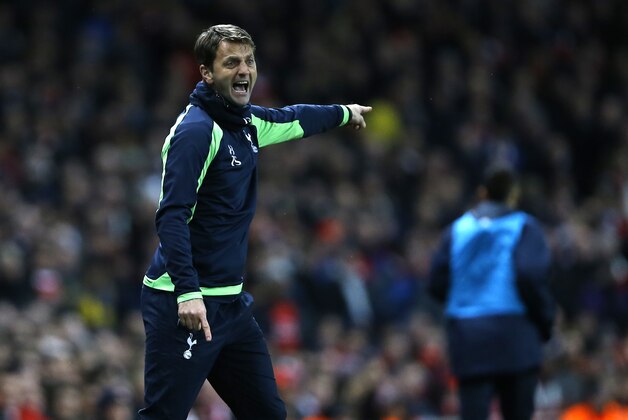 Tottenham's manager Tim Sherwood gestures from the touch line as he watches his team during the English FA Cup third round soccer match between Arsenal and Tottenham Hotspur at the Emirates Stadium in London, Saturday, Jan. 4, 2014. (AP Photo/Kirsty Wigglesworth)