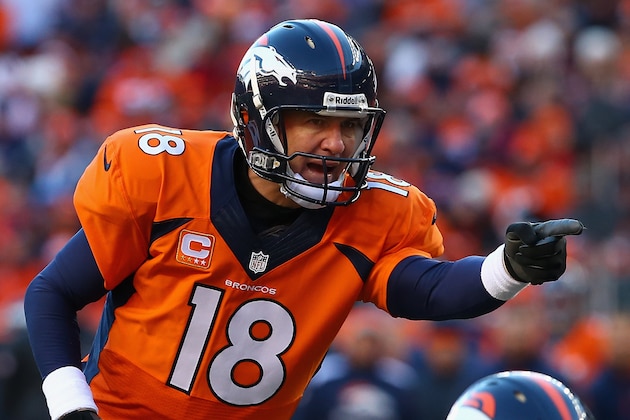 DENVER, CO - JANUARY 12:   Peyton Manning #18 of the Denver Broncos calls a play during the AFC Divisional Playoff Game against the San Diego Chargers at Sports Authority Field at Mile High on January 12, 2014 in Denver, Colorado.  (Photo by Doug Pensinger/Getty Images)