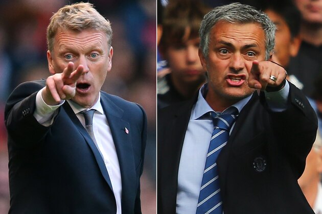 FILE PHOTO - EDITORS NOTE: COMPOSITE OF TWO IMAGES - Image Numbers 185933325 (L) and 176736916) In this composite image a comparison has been made between David Moyes, Manager of Manchester United (L) and Jose Mourinho, Manager of Chelsea. Chelsea and Manchester United meet at Stamford Bridge, London on January 19, 2014. ***LEFT IMAGE*** MANCHESTER, ENGLAND - OCTOBER 26: David Moyes the manager of Manchester United reacts during the Barclays Premier League match between Manchester United and Stoke City at Old Trafford on October 26, 2013 in Manchester, England. (Photo by Alex Livesey/Getty Images) ***RIGHT IMAGE***  LONDON, ENGLAND - AUGUST 18: Chelsea manager Jose Mourinho gives instructions during the Barclays Premier League match between Chelsea and Hull City at Stamford Bridge on August 18, 2013 in London, England. (Photo by Clive Mason/Getty Images)