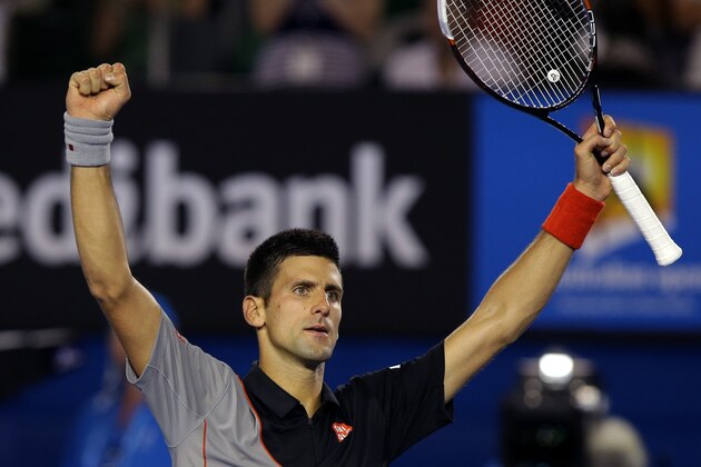 Novak Djokovic of Serbia celebrates after his win over Denis Istomin of Uzbekistan during their third round match at the Australian Open tennis championship in Melbourne, Australia, Friday, Jan. 17, 2014. (AP Photo/Aaron Favila) Novak Djokovic of Serbia celebrates after his win over Denis Istomin of Uzbekistan during their third round match at the Australian Open tennis championship in Melbourne, Australia, Friday, Jan. 17, 2014. (AP Photo/Aaron Favila)