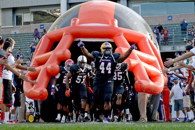Jan 18, 2014; Carson, CA, USA; LSU fullback J.C. Copeland (44) of the National team heads on to the field for the NFLPA Collegiate Bowl game at StubHub Center. Mandatory Credit: Jayne Kamin-Oncea-USA TODAY Sports