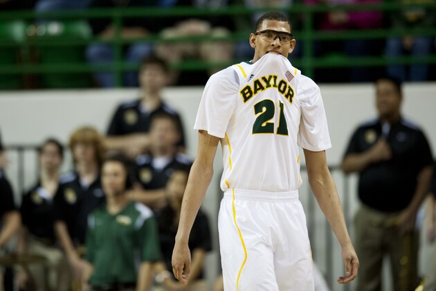 WACO, TX - DECEMBER 21:  Isaiah Austin #21 of the Baylor University Bears reacts after a foul call against the Brigham Young University Cougars on December 21, 2012 at the Ferrell Center in Waco, Texas.  (Photo by Cooper Neill/Getty Images)