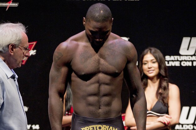 Mixed Martial Arts, MMA, fighter Anthony Johnson, from the US,  weighs-in ahead of the Ultimate Fighting Championship, UFC, 142 in Rio de Janeiro, Brazil, Friday, Jan. 13, 2012. Johnson will face Vitor Belfort, from Brazil, Friday. (AP Photo/Felipe Dana)