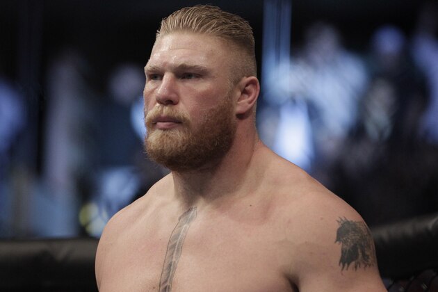 Brock Lesnar during a UFC mixed martial arts match with Cain Velasquez in Anaheim, Calif., Saturday, Oct. 23, 2010. Velasquez won by TKO in the first round. (AP Photo/Jae C. Hong)