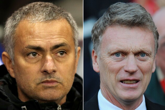 FILE PHOTO - EDITORS NOTE: COMPOSITE OF TWO IMAGES - Image Numbers 457440753 (L) and 458764923) In this composite image a comparison has been made between Jose Mourinho, Manager of Chelsea (L) and David Moyes, Manager of Manchester United. Chelsea and Manchester United meet at Stamford Bridge, London on January 19, 2014. ***LEFT IMAGE*** SUNDERLAND, ENGLAND - DECEMBER 17: Jose Mourinho manager of Chelsea looks on during the Capital One Cup Quarter-Final match between Sunderland and Chelsea at Stadium of Light on December 17, 2013 in Sunderland, England. (Photo by Jan Kruger/Getty Images)  ***RIGHT IMAGE***  MANCHESTER, ENGLAND - DECEMBER 21: Manchester United manager David Moyes looks on prior to the Barclays Premier League match between Manchester United and West Ham United at Old Trafford on December 21, 2013 in Manchester, England. (Photo by Stu Forster/Getty Images)