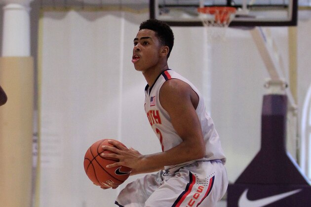 Jul 18, 2013; Washington, DC, USA; Team USA South player D'Angelo Russell (7) dribbles the ball against Team Pan-Africa during the Nike Global Challenge at Trinity University in Washington, DC. Mandatory Credit: Geoff Burke-USA TODAY Sports Jul 18, 2013; Washington, DC, USA; Team USA South player D'Angelo Russell (7) dribbles the ball against Team Pan-Africa during the Nike Global Challenge at Trinity University in Washington, DC. Mandatory Credit: Geoff Burke-USA TODAY Sports