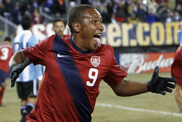 EAST RUTHERFORD, NJ - MARCH 26:  Juan Agudelo #9 and Oguchi Onyewu #5 of the United States celebrate Agudelo's game-tying goal during the second half of a friendly match against Argentina at New Meadowlands Stadium on March 26, 2011 in East Rutherford, New Jersey.  (Photo by Jeff Zelevansky/Getty Images)