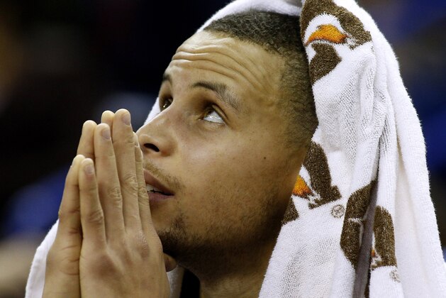 Golden State Warriors point guard Stephen Curry (30) reacts during the second half of an NBA basketball game against the New Orleans Pelicans in New Orleans, Saturday, Jan. 18, 2014. The Warriors won 97-87.(AP Photo/Jonathan Bachman) Golden State Warriors point guard Stephen Curry (30) reacts during the second half of an NBA basketball game against the New Orleans Pelicans in New Orleans, Saturday, Jan. 18, 2014. The Warriors won 97-87.(AP Photo/Jonathan Bachman)