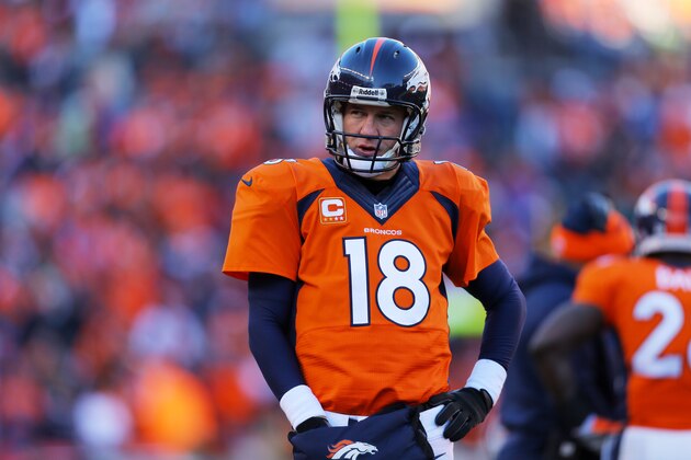 DENVER, CO - JANUARY 12:  Peyton Manning #18 of the Denver Broncos looks on during the AFC Divisional Playoff Game against the San Diego Chargers at Sports Authority Field at Mile High on January 12, 2014 in Denver, Colorado.  (Photo by Justin Edmonds/Getty Images)
