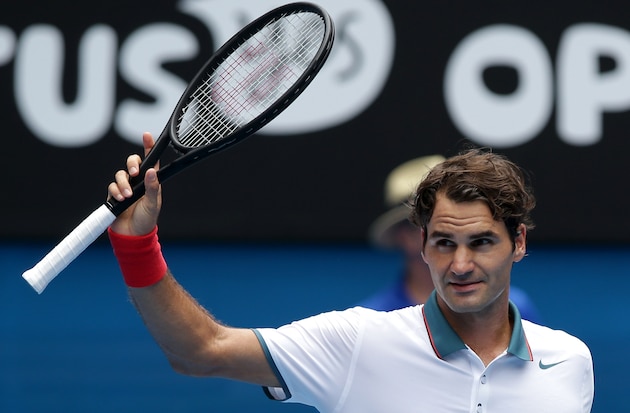 Roger Federer of Switzerland celebrates his win over Teymuraz Gabashvili of Russia during their third round match at the Australian Open tennis championship in Melbourne, Australia, Saturday, Jan. 18, 2014.(AP Photo/Aaron Favila) Roger Federer of Switzerland celebrates his win over Teymuraz Gabashvili of Russia during their third round match at the Australian Open tennis championship in Melbourne, Australia, Saturday, Jan. 18, 2014.(AP Photo/Aaron Favila)