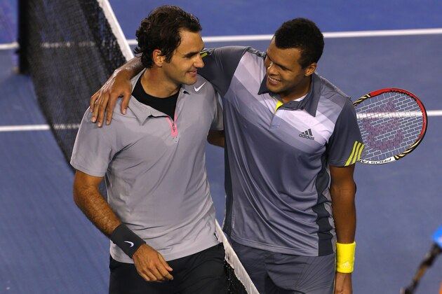MELBOURNE, AUSTRALIA - JANUARY 23:  Roger Federer of Switzerland and  Jo-Wilfred Tsonga of France shake hands after Federer won their Quarterfinal match during day ten of the 2013 Australian Open at Melbourne Park on January 23, 2013 in Melbourne, Australia.  (Photo by Robert Prezioso/Getty Images)