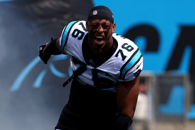 CHARLOTTE, NC - SEPTEMBER 08:  Greg Hardy #76 of the Carolina Panthers during their game at Bank of America Stadium on September 8, 2013 in Charlotte, North Carolina.  (Photo by Streeter Lecka/Getty Images)