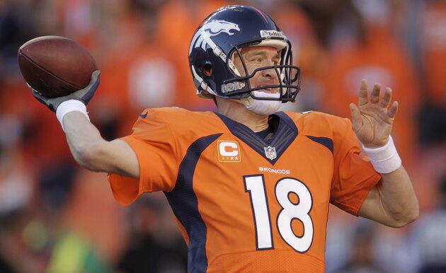 Denver Broncos quarterback Peyton Manning (18) passes the ball during the second half of the AFC Championship NFL playoff football game against the New England Patriots in Denver, Sunday, Jan. 19, 2014. (AP Photo/Joe Mahoney)