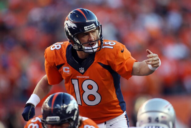 Jan 19, 2014; Denver, CO, USA; Denver Broncos quarterback Peyton Manning (18) signals at the line of scrimmage in the second half against the New England Patriots during the 2013 AFC championship playoff football game at Sports Authority Field at Mile High. Mandatory Credit: Chris Humphreys-USA TODAY Sports