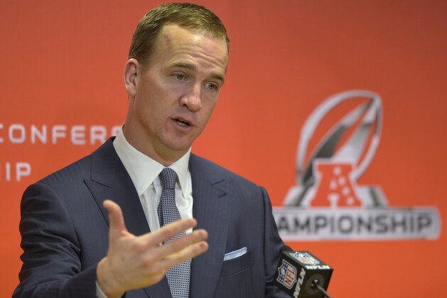 Denver Broncos quarterback Peyton Manning answers questions at the post game press conference after the AFC Championship NFL playoff football game in Denver, Sunday, Jan. 19, 2014. The Broncos defeated the Patriots 26-16 to advance to the Super Bowl. (AP Photo/Jack Dempsey) Denver Broncos quarterback Peyton Manning answers questions at the post game press conference after the AFC Championship NFL playoff football game in Denver, Sunday, Jan. 19, 2014. The Broncos defeated the Patriots 26-16 to advance to the Super Bowl. (AP Photo/Jack Dempsey)