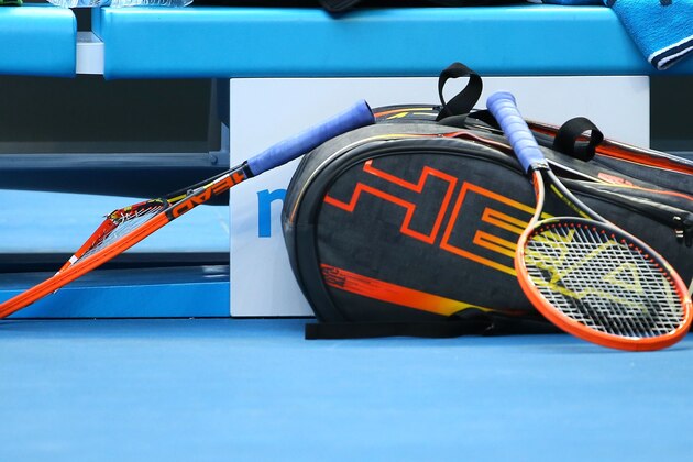 MELBOURNE, AUSTRALIA - JANUARY 20:  The racquet broken by Andy Murray of Great Britain after losing the third set in his fourth round match against Stephane Robert of France during day eight of the 2014 Australian Open at Melbourne Park on January 20, 2014 in Melbourne, Australia.  (Photo by Quinn Rooney/Getty Images)