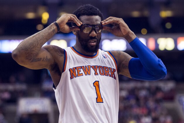 New York Knicks' Amar'e Stoudemire looks on during the second half of an NBA basketball game against the Philadelphia 76ers, Saturday, Jan. 11, 2014, in Philadelphia.  The Knicks win 102-92.  (AP Photo/Chris Szagola)