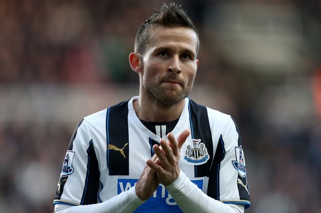 Newcastle United's Yohan Cabaye looks on during their English Premier League soccer match against Arsenal at St James' Park, Newcastle, England, Sunday, Dec. 29, 2013. (AP Photo/Scott Heppell)