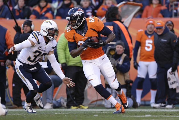 Denver Broncos tight end Julius Thomas (80) comes down with a pass against the San Diego Chargers in the first quarter of an NFL AFC division playoff football game, Sunday, Jan. 12, 2014, in Denver. (AP Photo/Charlie Riedel)