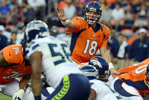 August 18 2012; Denver, CO, USA; Denver Broncos quarterback Peyton Manning (18) in the second quarter of a preseason game against the Seattle Seahawks at Sports Authority Field. Mandatory Credit: Ron Chenoy-USA TODAY Sports