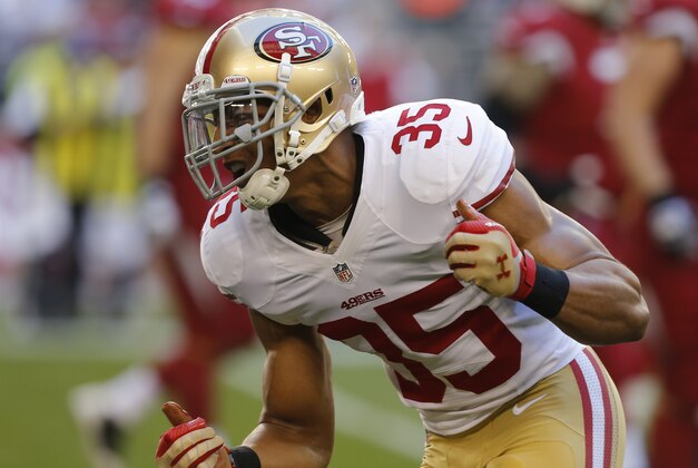 San Francisco 49ers free safety Eric Reid (35) against the Arizona Cardinals during the first half of an NFL football game, Sunday, Dec. 29, 2013, in Glendale, Ariz.  (AP Photo/Rick Scuteri)
