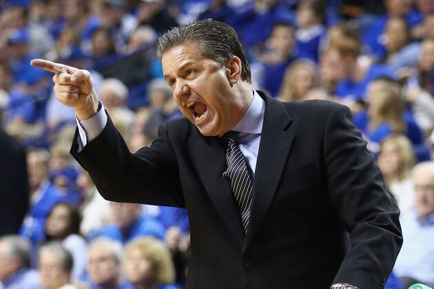 LEXINGTON, KY - JANUARY 18:  John Calipari the head coach of the Kentucky Wildcats gives instructions to his team during the game against the Tennessee Volunteers at Rupp Arena on January 18, 2014 in Lexington, Kentucky.  (Photo by Andy Lyons/Getty Images)