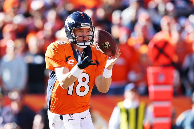 DENVER, CO - JANUARY 19:   Peyton Manning #18 of the Denver Broncos controls the ball in the first quarter against the New England Patriots during the AFC Championship game at Sports Authority Field at Mile High on January 19, 2014 in Denver, Colorado.  (Photo by Elsa/Getty Images)