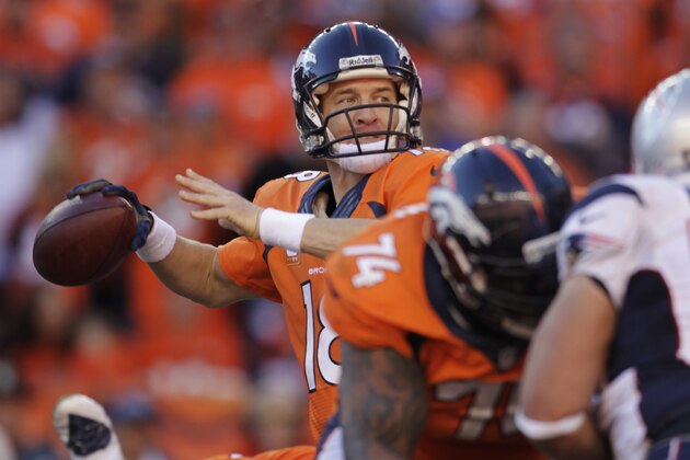 El quarterback Peyton Manning de los Broncos de Denver lanza un pase contra los Patriots de Nueva Inglaterra en la final de la AFC el domingo 19 de enero de 2014. (AP Foto/Joe Mahoney)