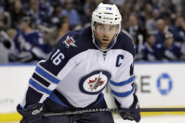 Winnipeg Jets left wing Andrew Ladd during the first period of an NHL hockey game against the Tampa Bay Lightning Saturday, Dec. 7, 2013, in Tampa, Fla. (AP Photo/Chris O'Meara)