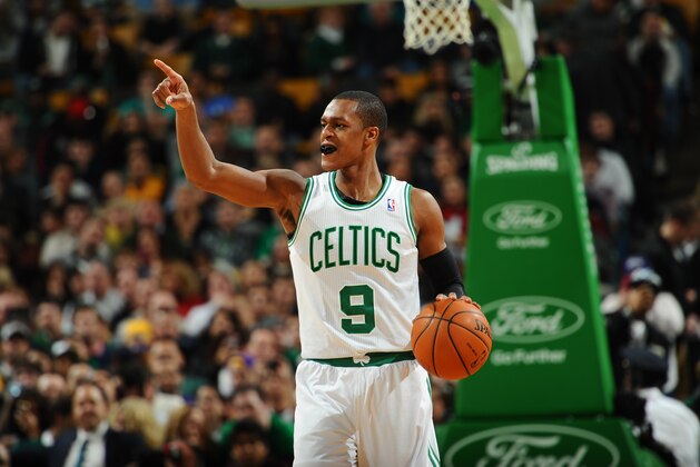 BOSTON, MA - JANUARY 17: Rajon Rondo #9 of the Boston Celtics provides direction for his team against the Los Angeles Lakers on January 17, 2014 at the TD Garden in Boston, Massachusetts.  NOTE TO USER: User expressly acknowledges and agrees that, by downloading and or using this photograph, User is consenting to the terms and conditions of the Getty Images License Agreement. Mandatory Copyright Notice: Copyright 2014 NBAE  (Photo by Brian Babineau/NBAE via Getty Images)