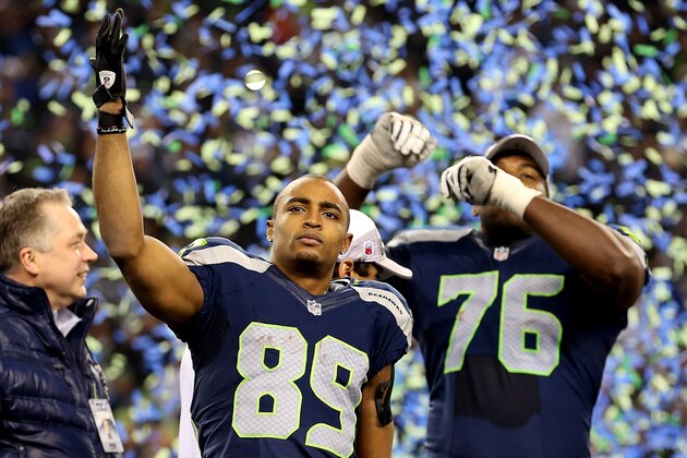 SEATTLE, WA - JANUARY 19:  Wide receiver Doug Baldwin #89 of the Seattle Seahawks celebrates after the Seahawks 23-17 victory against the San Francisco 49ers uring the 2014 NFC Championship at CenturyLink Field on January 19, 2014 in Seattle, Washington.  (Photo by Christian Petersen/Getty Images)