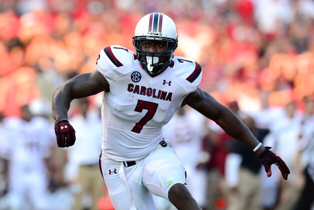 Sep 7, 2013; Athens, GA, USA; South Carolina Gamecocks defensive end Jadeveon Clowney (7) rushes the passer against the Georgia Bulldogs during the second half at Sanford Stadium. Georgia defeated South Carolina 41-30. Mandatory Credit: Dale Zanine-USA TODAY Sports