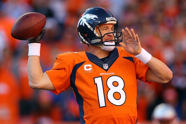 DENVER, CO - JANUARY 19:  Peyton Manning #18 of the Denver Broncos looks to throw a pass against the New England Patriots during the AFC Championship game at Sports Authority Field at Mile High on January 19, 2014 in Denver, Colorado.  (Photo by Justin Edmonds/Getty Images)