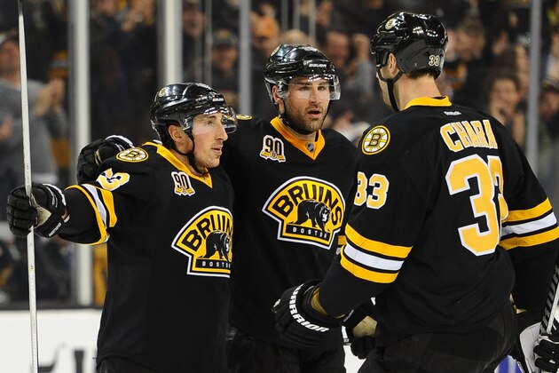BOSTON, MA - JANUARY 20: Brad Marchand #63, Johnny Boychuk #55 and Zdeno Chara #33 of the Boston Bruins celebrate a goal against the Los Angeles Kings at the TD Garden on January 20, 2014 in Boston, Massachusetts.  (Photo by Brian Babineau/NHLI via Getty Images)