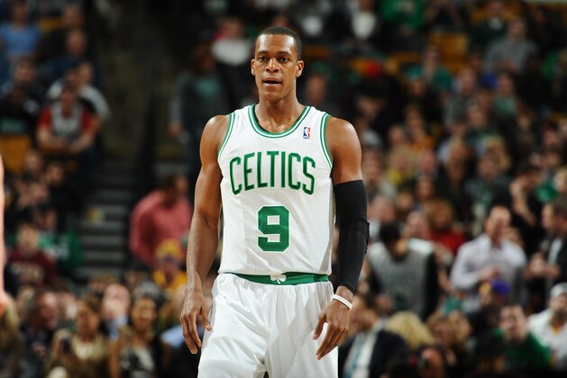 BOSTON, MA - JANUARY 17: Rajon Rondo #9 of the Boston Celtics looks on against the Los Angeles Lakers on January 17, 2014 at the TD Garden in Boston, Massachusetts.  NOTE TO USER: User expressly acknowledges and agrees that, by downloading and or using this photograph, User is consenting to the terms and conditions of the Getty Images License Agreement. Mandatory Copyright Notice: Copyright 2014 NBAE  (Photo by Brian Babineau/NBAE via Getty Images)