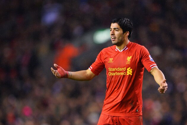 LIVERPOOL, ENGLAND - JANUARY 18:  Luis Suarez of Liverpool gestures after the Barclays Premier League match between Liverpool and Aston Villa at Anfield on January 18, 2014 in Liverpool, England.  (Photo by Michael Regan/Getty Images)