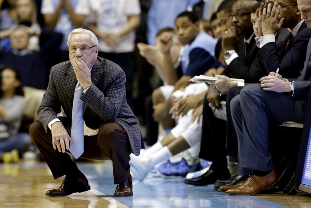 North Carolina coach Roy Williams watches from the sideline during the second half of an NCAA college basketball game against Miami in Chapel Hill, N.C., Wednesday, Jan. 8, 2014. Miami won 63-57. (AP Photo/Gerry Broome)