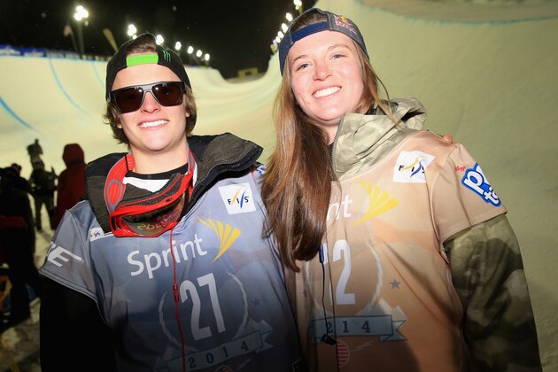COPPER MOUNTAIN, CO - DECEMBER 21:  (L-R) Siblings Taylor Gold and Arielle Gold pose for a photo after Taylor won the men's event and Arielle finished second in the women's at the FIS Snowboard Halfpipe World Cup at the U.S. Snowboarding and Freeskiing Grand Prix on December 21, 2013 in Copper Mountain, Colorado.  (Photo by Doug Pensinger/Getty Images)